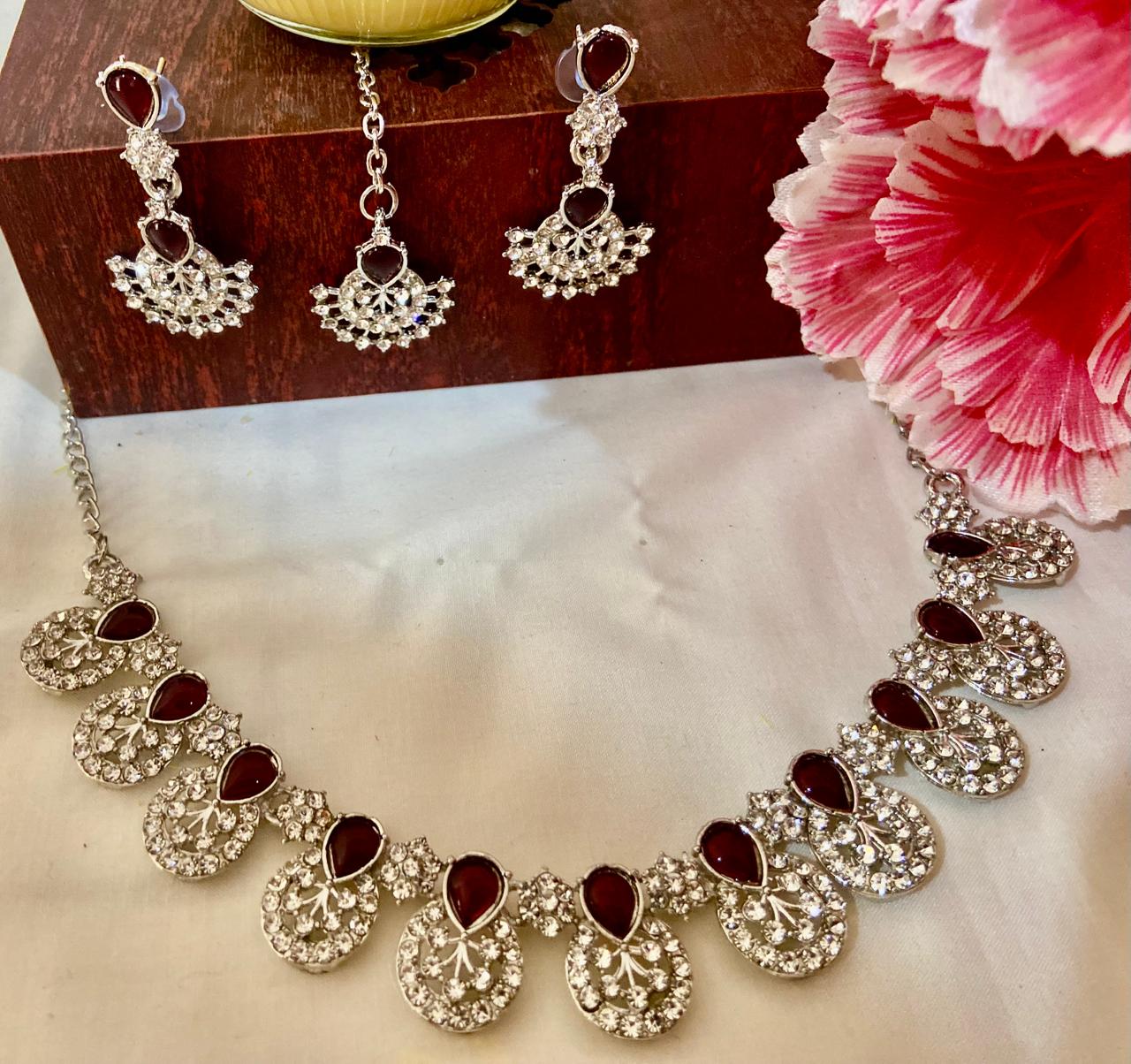 Red stone American Diamonds Necklace set