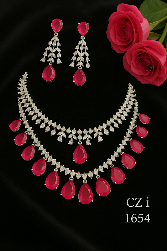 Set of two red kundan American diamonds necklace with earring