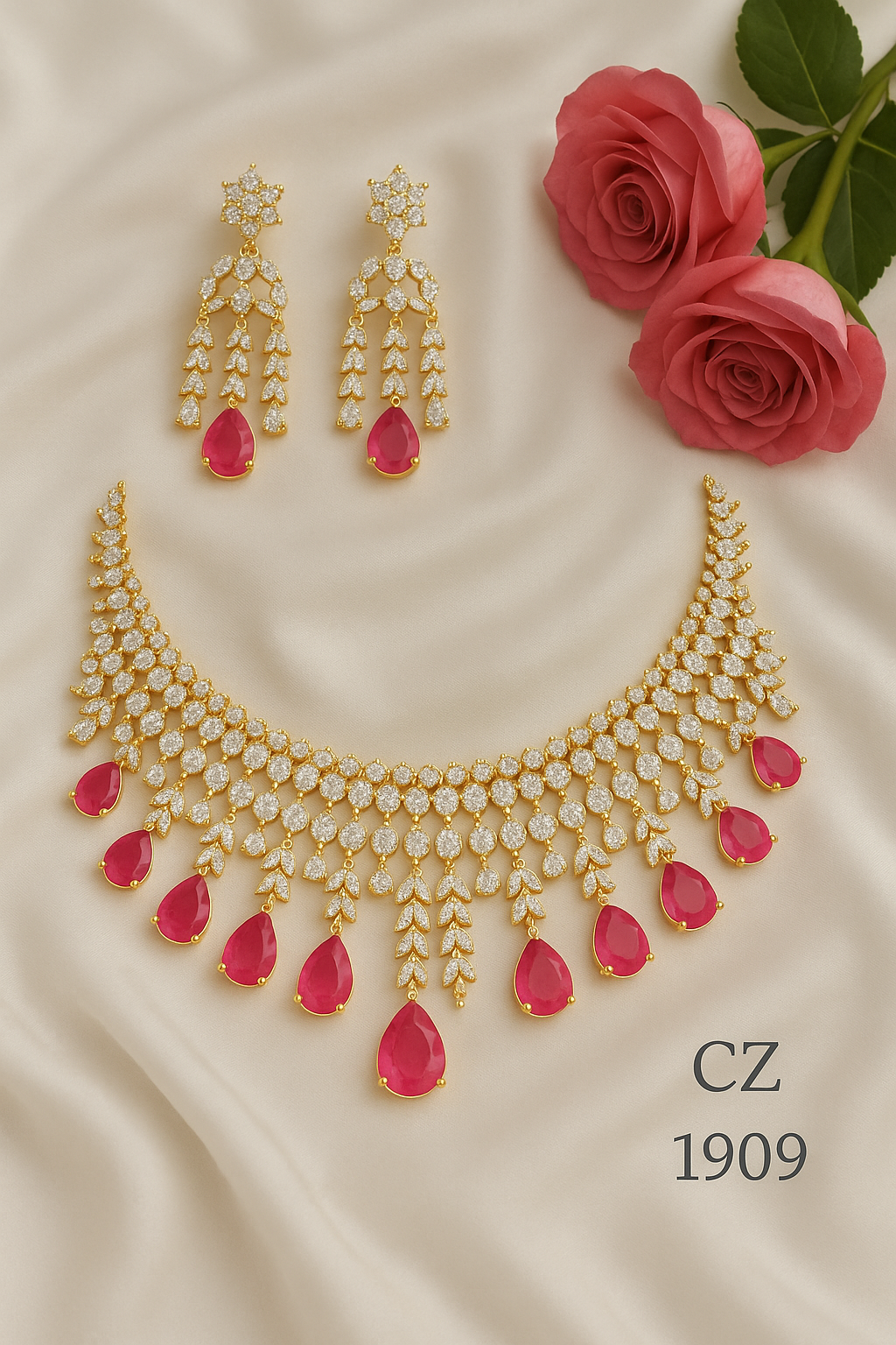 Red Pearls American Diamonds Necklace set