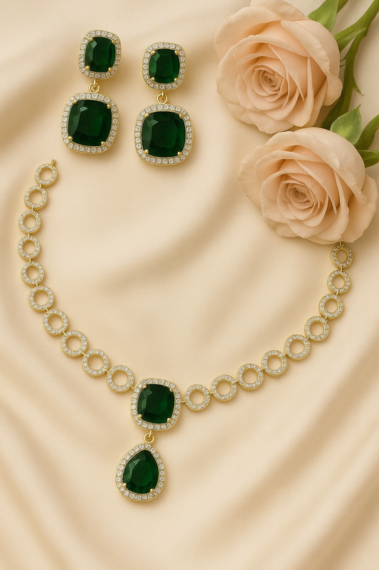 Gold polish Green American Diamonds set