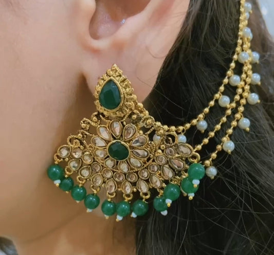 Green kundan earring with earchain