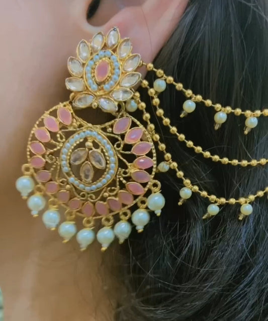 Pink kundan earring with ear chain