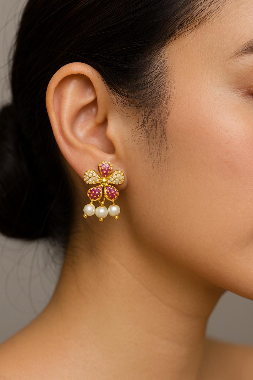 Real pearls studded flower earrings