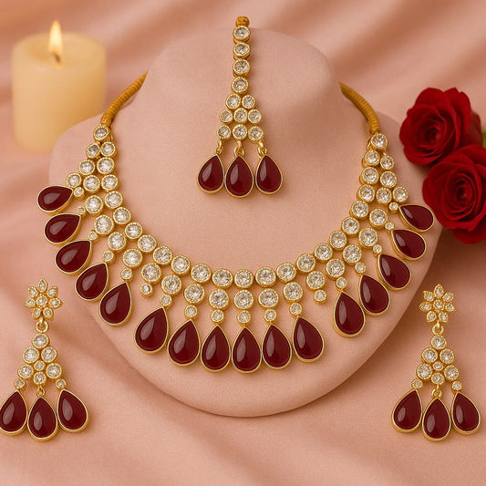 Maroon Kundan Necklace set with earrings and Mangtikka