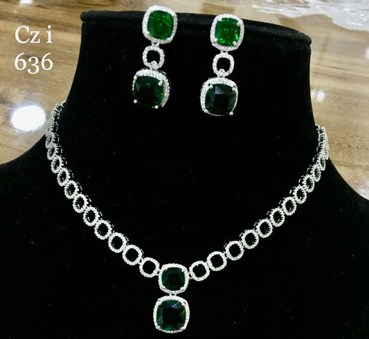 Silver Polish Green American Diamond Necklace Set